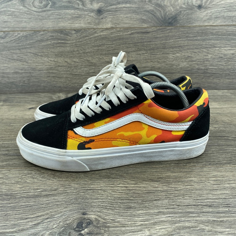 Vans Old Skool Sneakers Mens 6.5 Womens 8 Black Orange Pop Camo Suede Low Top